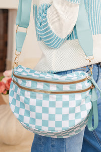 Checkered (Light Blue & White) Wide Strap Large Crossbody Bag