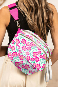 Fuschia & Green Flower Print Wide Strap Large Crossbody Bag