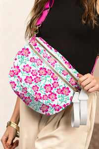 Fuschia & Green Flower Print Wide Strap Large Crossbody Bag