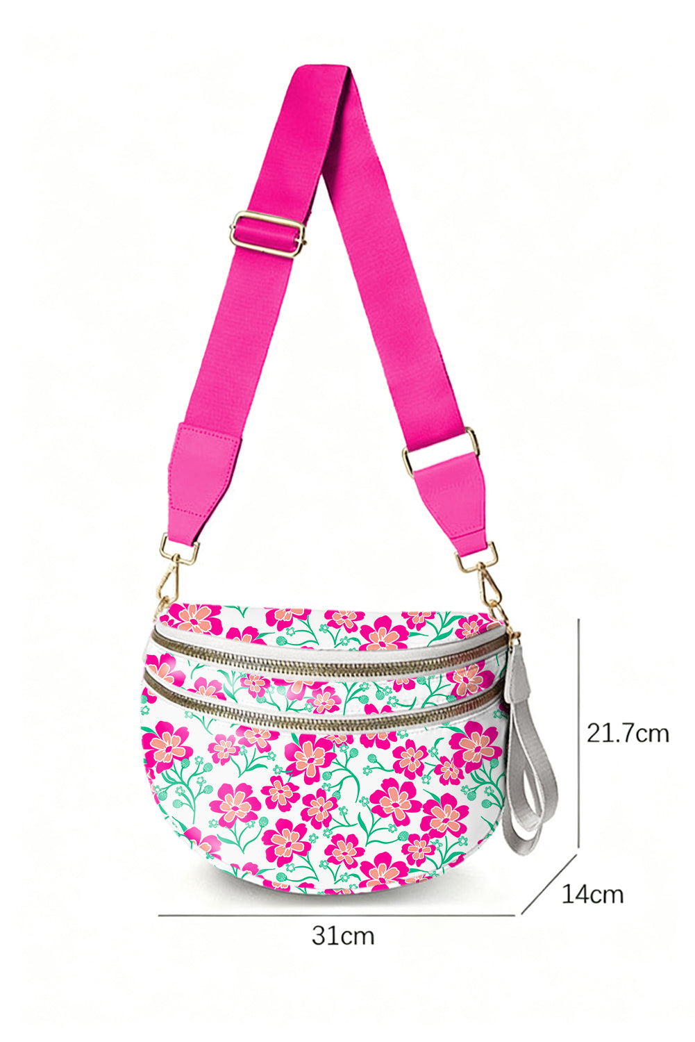 Fuschia & Green Flower Print Wide Strap Large Crossbody Bag