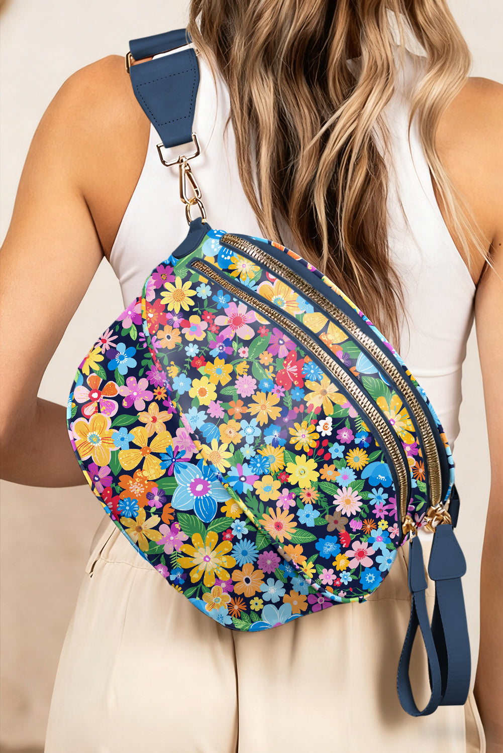 Bright Floral and Black Wide Strap Large Crossbody Bag