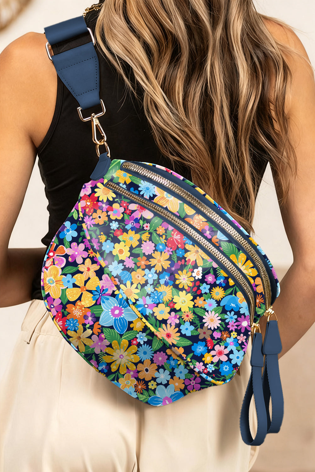 Bright Floral and Black Wide Strap Large Crossbody Bag