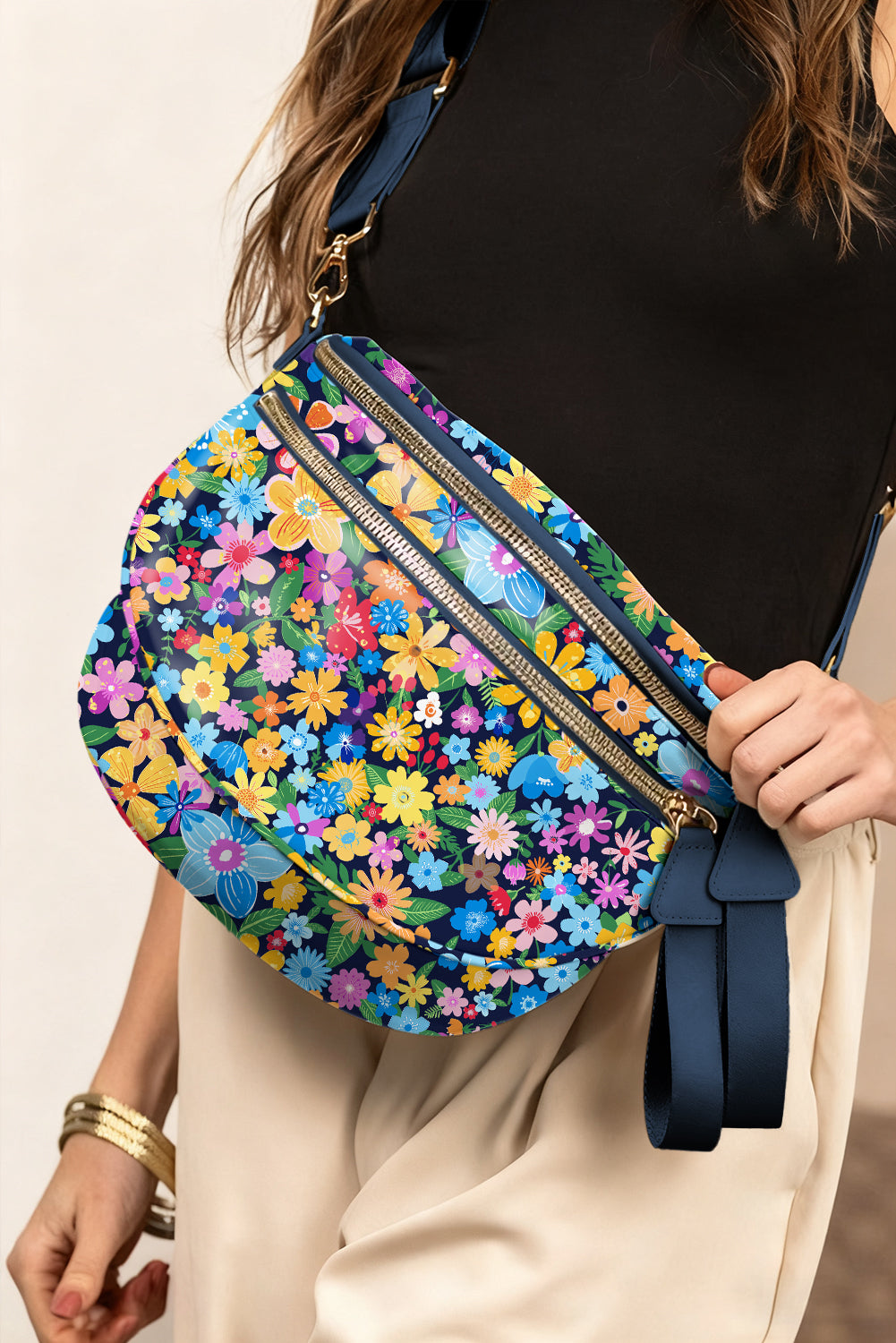 Bright Floral and Black Wide Strap Large Crossbody Bag