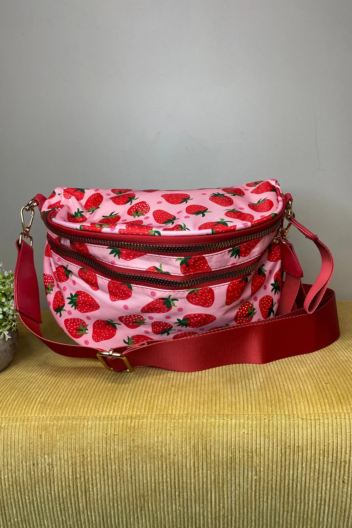 Pink & Red Strawberry Wide Strap Large Crossbody Bag