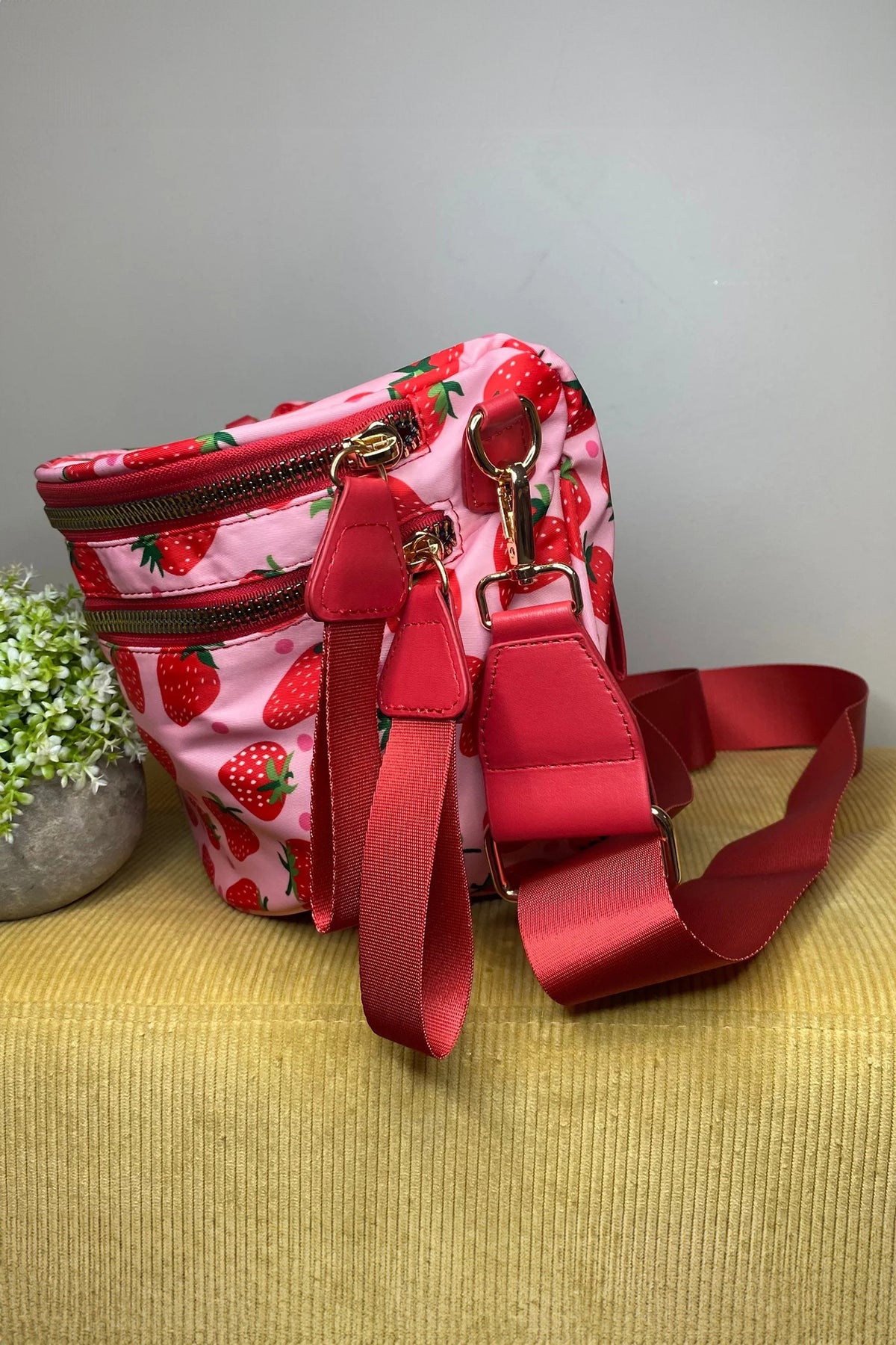 Pink & Red Strawberry Wide Strap Large Crossbody Bag