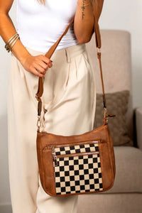 Brown Vegan Leather, Canvas Checkered Print Single Shoulder Bag