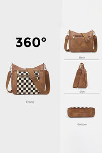 Brown Vegan Leather, Canvas Checkered Print Single Shoulder Bag