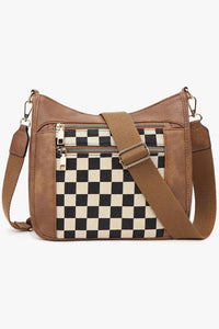 Brown Vegan Leather, Canvas Checkered Print Single Shoulder Bag