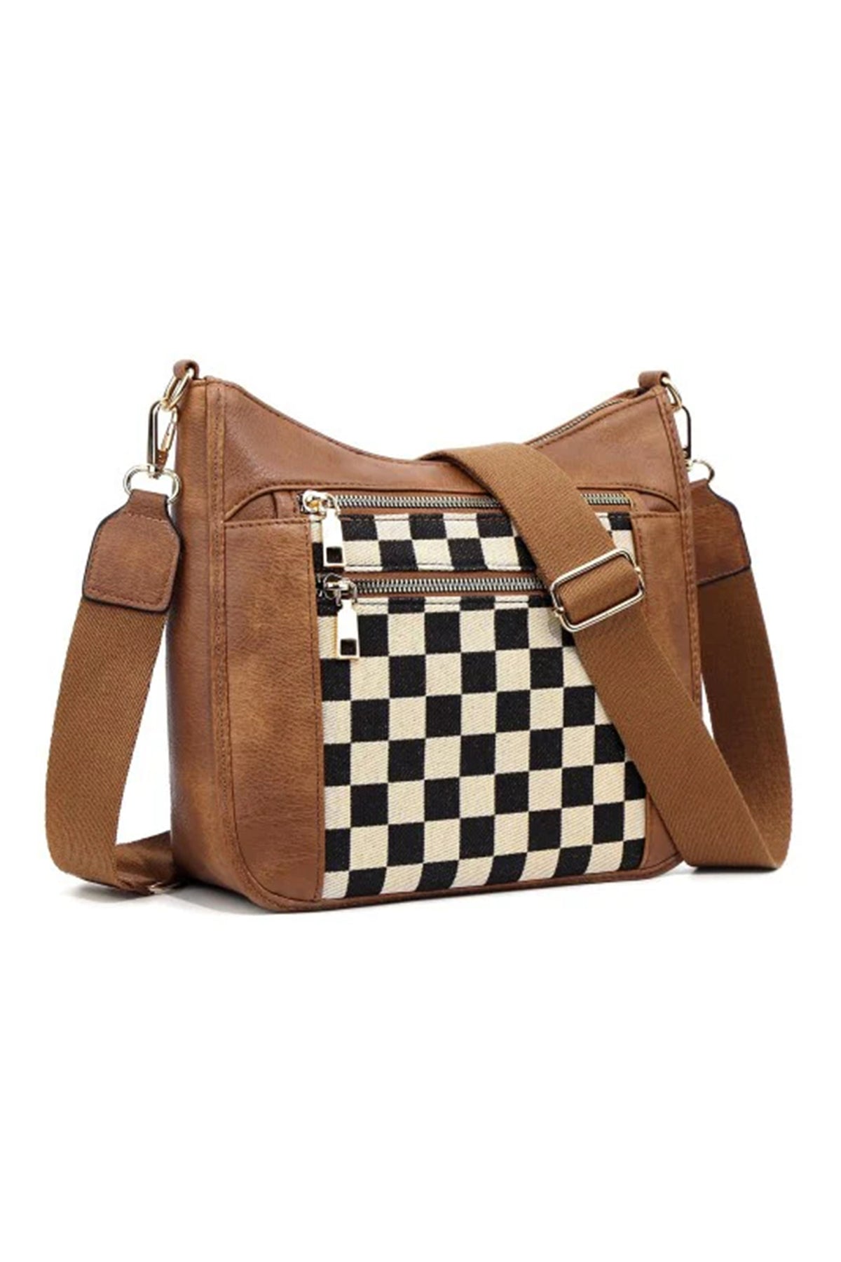 Brown Vegan Leather, Canvas Checkered Print Single Shoulder Bag