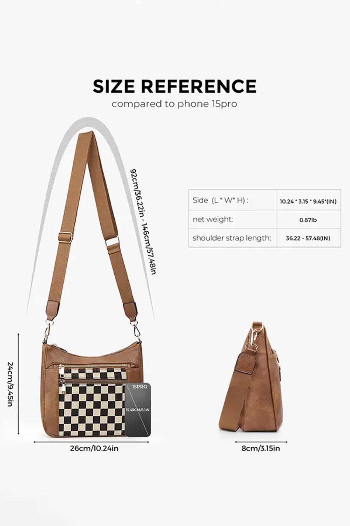 Brown Vegan Leather, Canvas Checkered Print Single Shoulder Bag