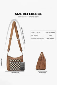 Brown Vegan Leather, Canvas Checkered Print Single Shoulder Bag