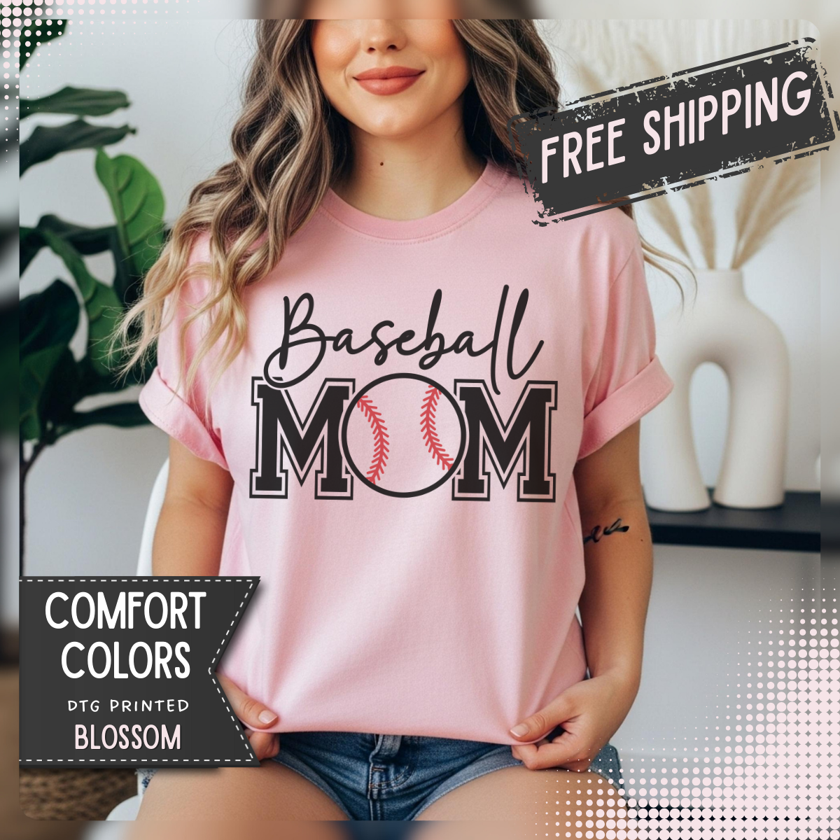 Baseball Mom - Comfort Colors | Trendy Women's T-Shirt. Direct to Garment. Printed & Shipped in the USA. Unisex Sizes.