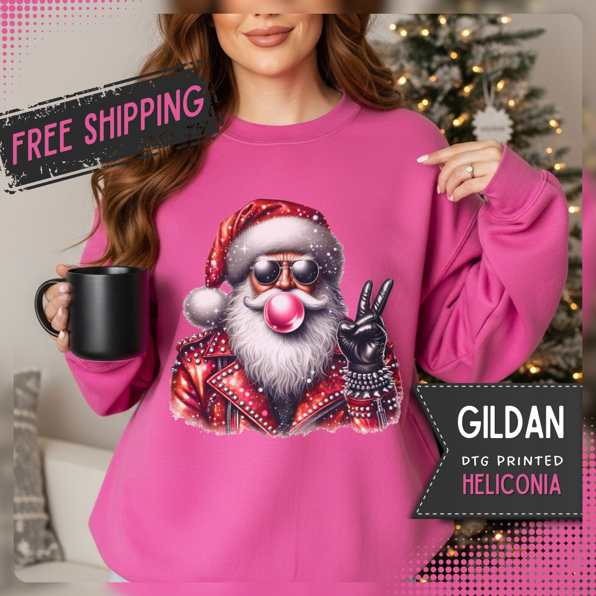 Biker Santa Leather Jacket Bubblegum – Gildan Heavy Blend | Trendy Women’s and Men's Soft Sweatshirt. Direct to Garment. Printed & Shipped in the USA. Unisex Sizes.
