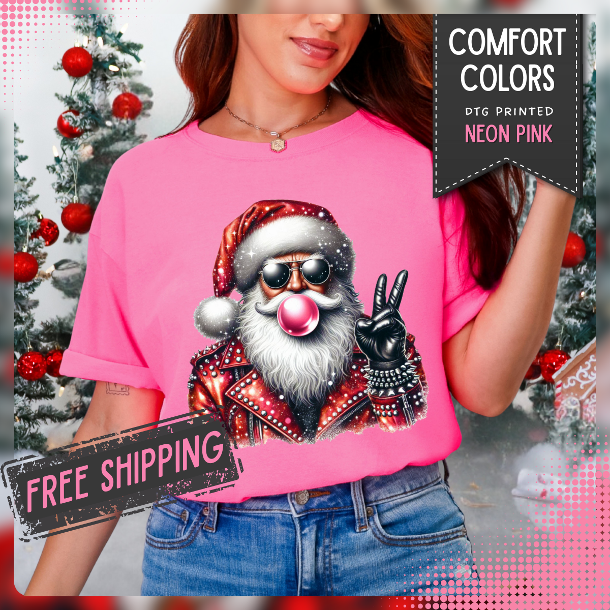 Biker Santa Leather Jacket Bubblegum - Comfort Colors | Trendy Women's and Men's T-Shirt. Direct to Garment. Printed & Shipped in the USA. Unisex Sizes.