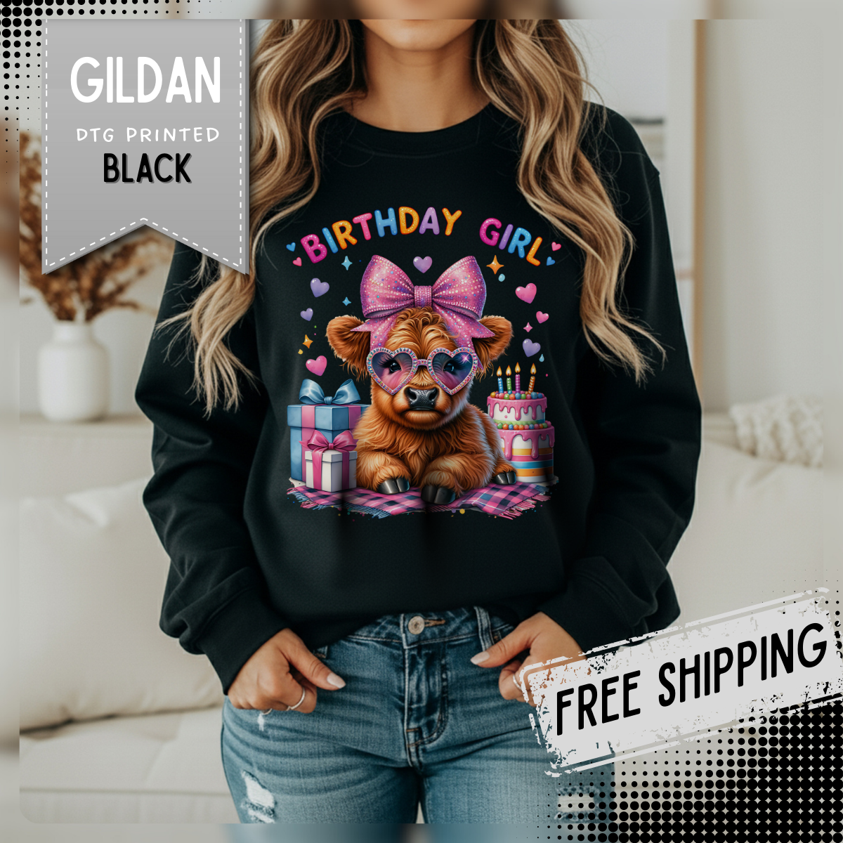 Birthday Girl, Highland Cow – Gildan Heavy Blend | Trendy Women’s Soft Sweatshirt. Direct to Garment. Printed & Shipped in the USA. Unisex Sizes.