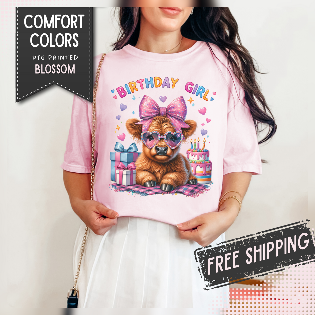 Birthday Girl, Highland Cow - Comfort Colors | Trendy Women's T-Shirt. Direct to Garment. Printed & Shipped in the USA. Unisex Sizes.