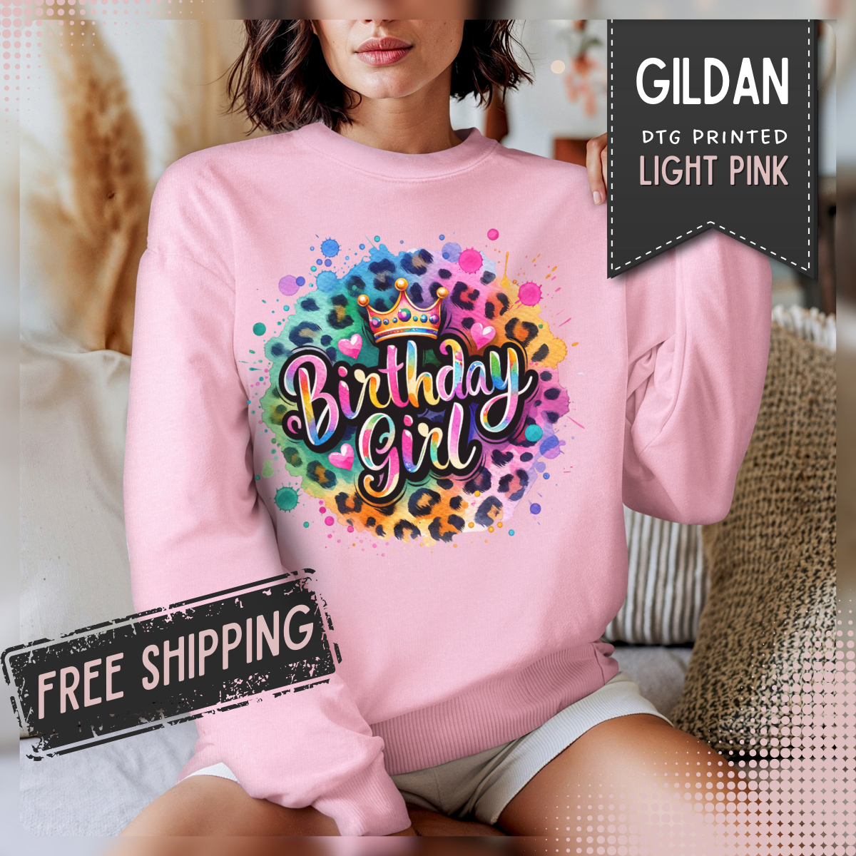 Birthday Girl, Neon Leopard – Gildan Heavy Blend | Trendy Women’s Soft Sweatshirt. Direct to Garment. Printed & Shipped in the USA. Unisex Sizes.