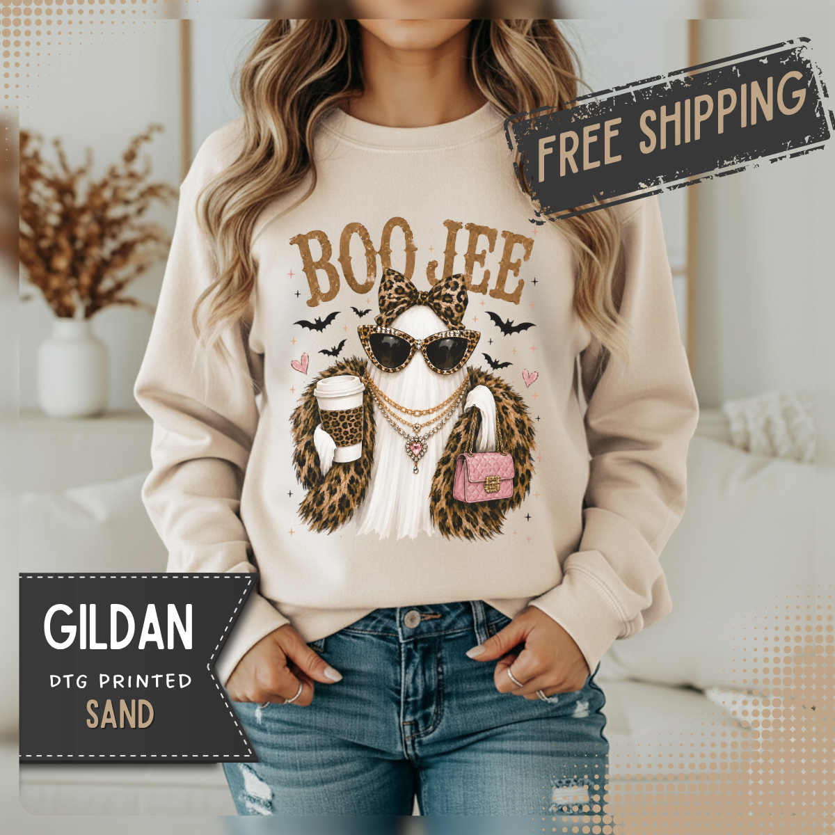 BooJee Ghost with Coffee - Halloween – Gildan Heavy Blend | Trendy Women’s Soft Sweatshirt. Direct to Garment. Printed & Shipped in the USA. Unisex Sizes.
