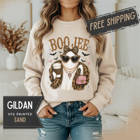 BooJee Ghost with Coffee - Halloween – Gildan Heavy Blend | Trendy Women’s Soft Sweatshirt. Direct to Garment. Printed & Shipped in the USA. Unisex Sizes.