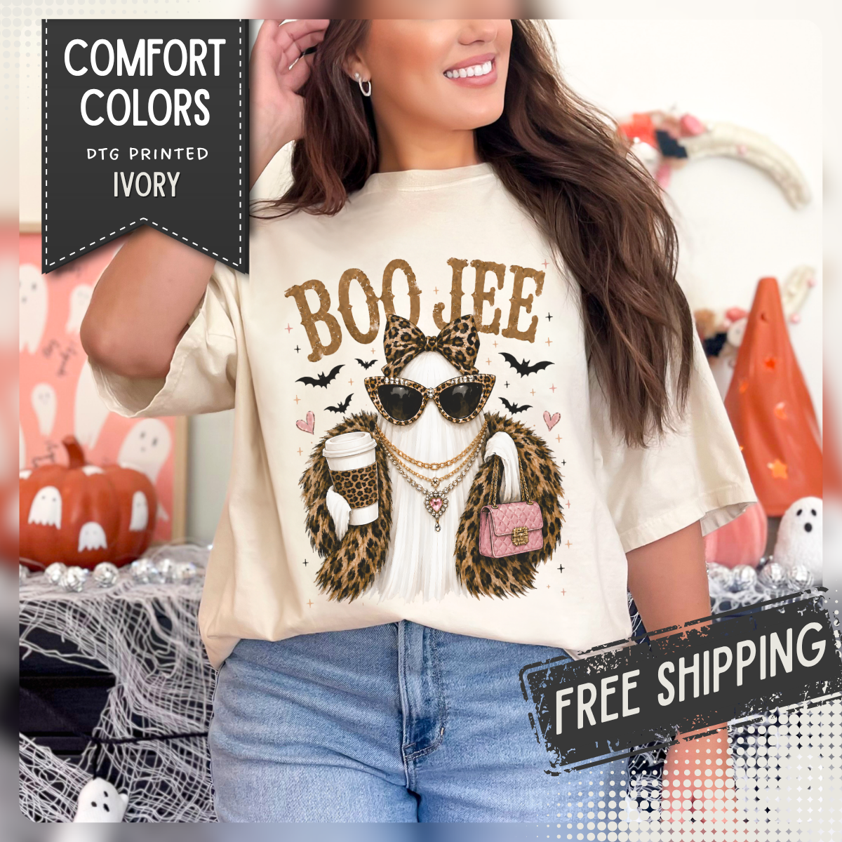 BooJee Ghost with Coffee - Halloween - Comfort Colors | Trendy Women's T-Shirt. Direct to Garment. Printed & Shipped in the USA. Unisex Sizes.