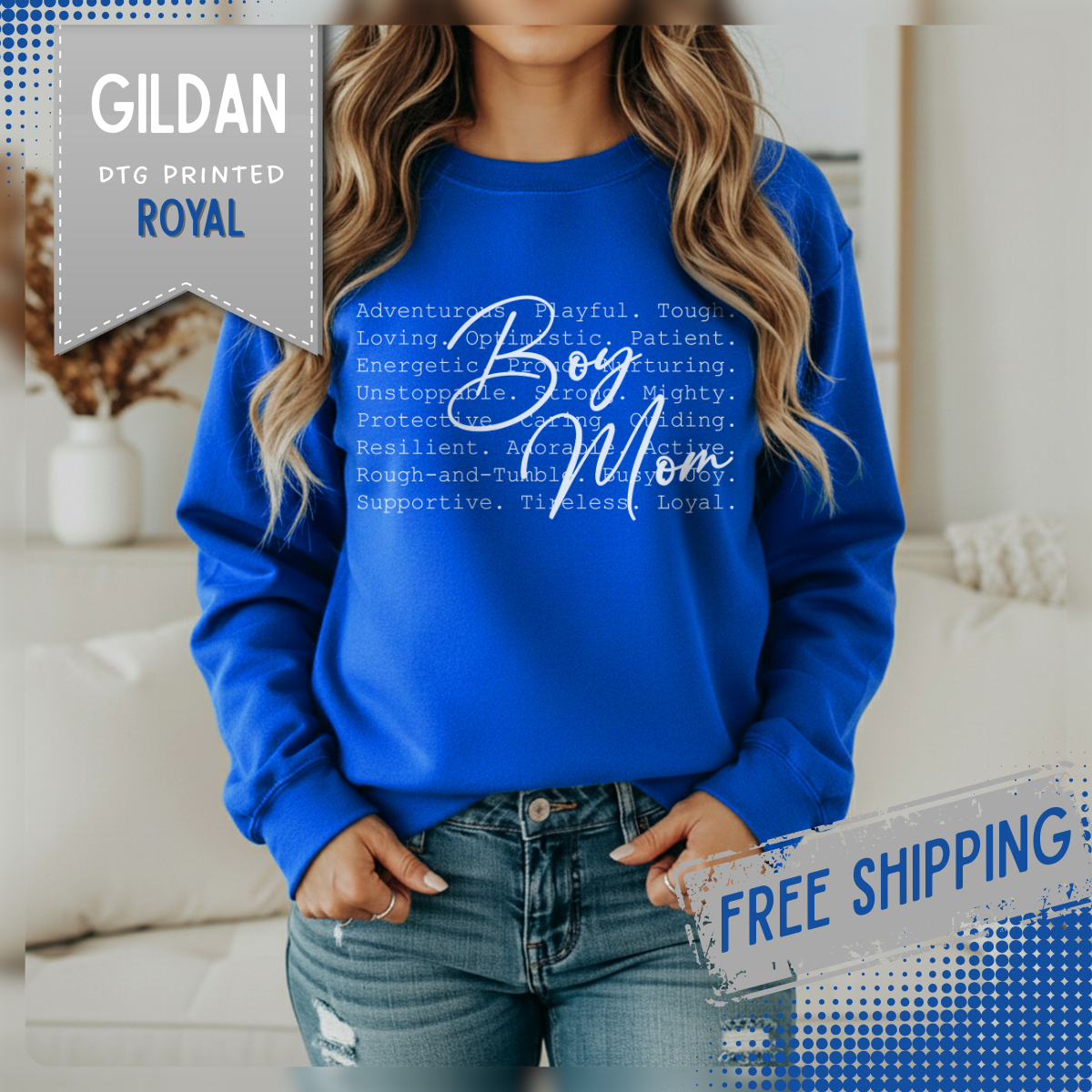 Boy Mom Typography – Gildan Heavy Blend | Trendy Women’s Soft Sweatshirt. Direct to Garment. Printed & Shipped in the USA. Unisex Sizes.