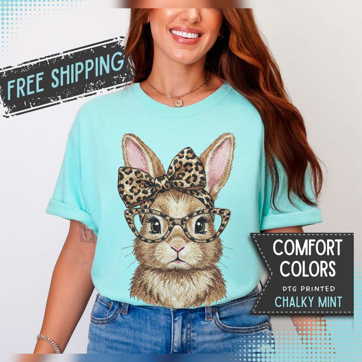 Bunny with Leopard Bow and Glasses - Comfort Colors | Trendy Women's T-Shirt. Direct to Garment. Printed & Shipped in the USA. Unisex Sizes.