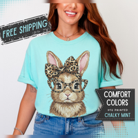 Bunny with Leopard Bow and Glasses - Comfort Colors | Trendy Women's T-Shirt. Direct to Garment. Printed & Shipped in the USA. Unisex Sizes.