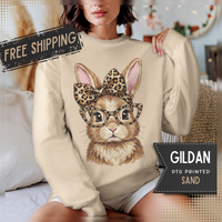 Bunny with Leopard Glasses and Bow – Gildan Heavy Blend | Trendy Women’s Soft Sweatshirt. Direct to Garment. Printed & Shipped in the USA. Unisex Sizes.