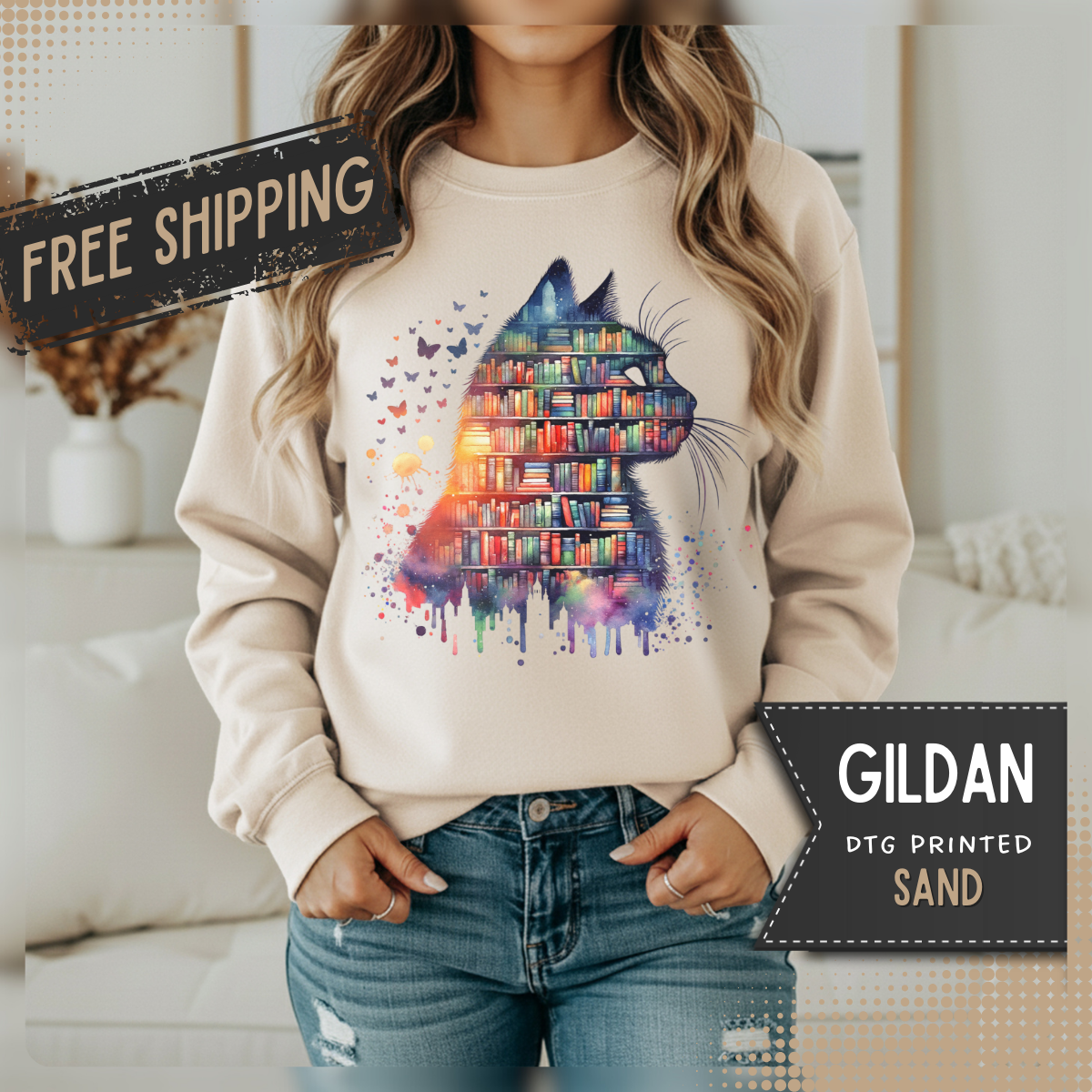 Cat Silhouette for Book Lovers – Gildan Heavy Blend | Trendy Women’s Soft Sweatshirt. Direct to Garment. Printed & Shipped in the USA. Unisex Sizes.