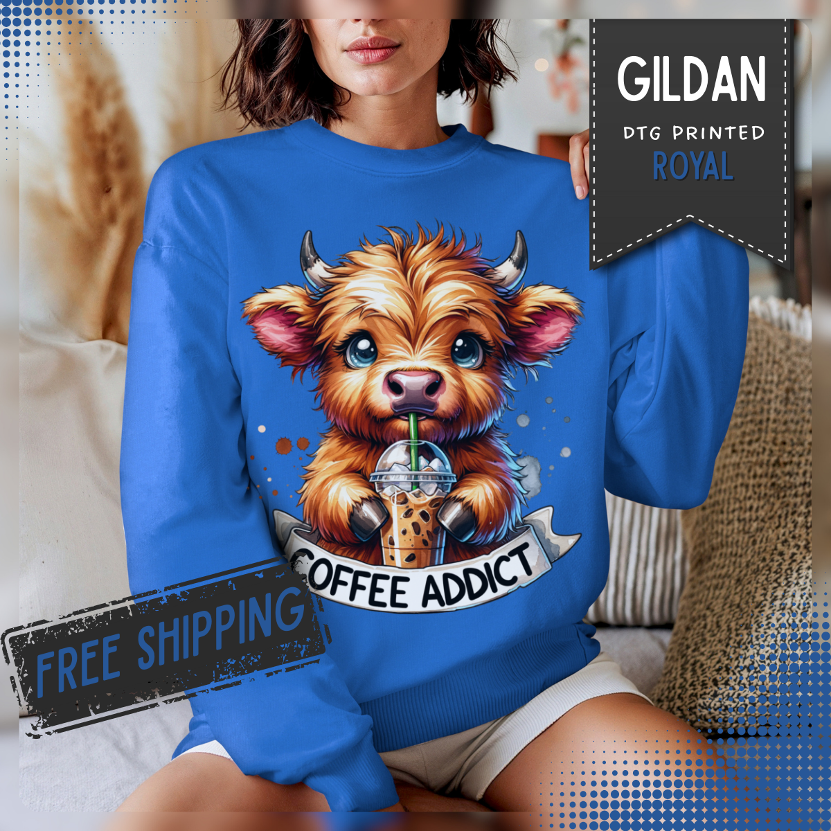 Coffee Addict Highland Cow Drinking Iced Coffee – Gildan Heavy Blend | Trendy Women’s Soft Sweatshirt. Direct to Garment. Printed & Shipped in the USA. Unisex Sizes.