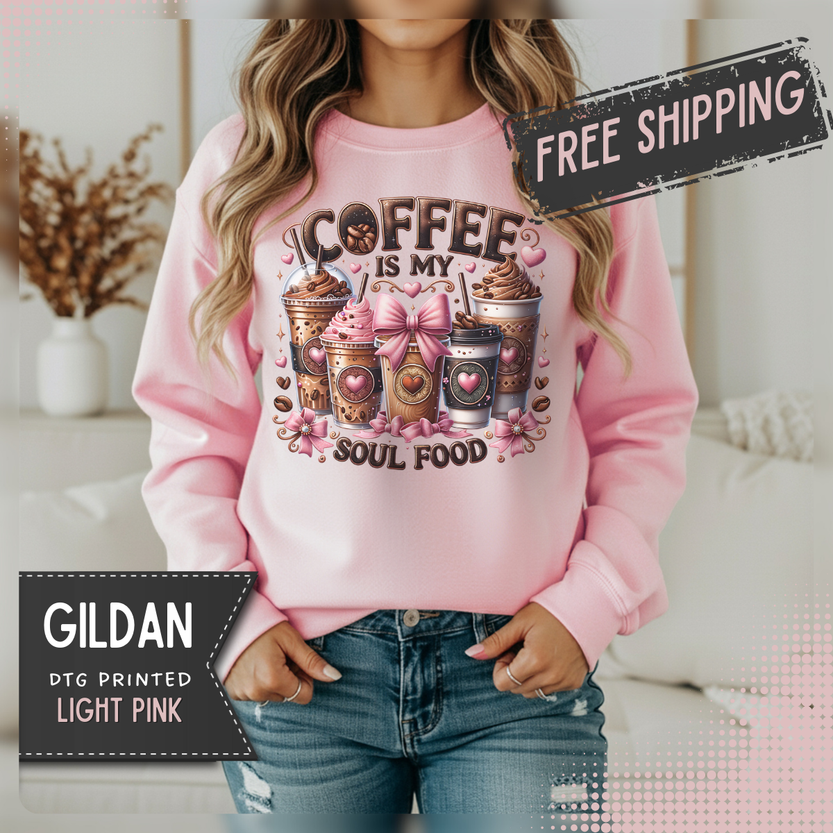 Coffee Is My Soul Food, Iced Coffee, Pink Bow – Gildan Heavy Blend | Trendy Women’s Soft Sweatshirt. Direct to Garment. Printed & Shipped in the USA. Unisex Sizes.