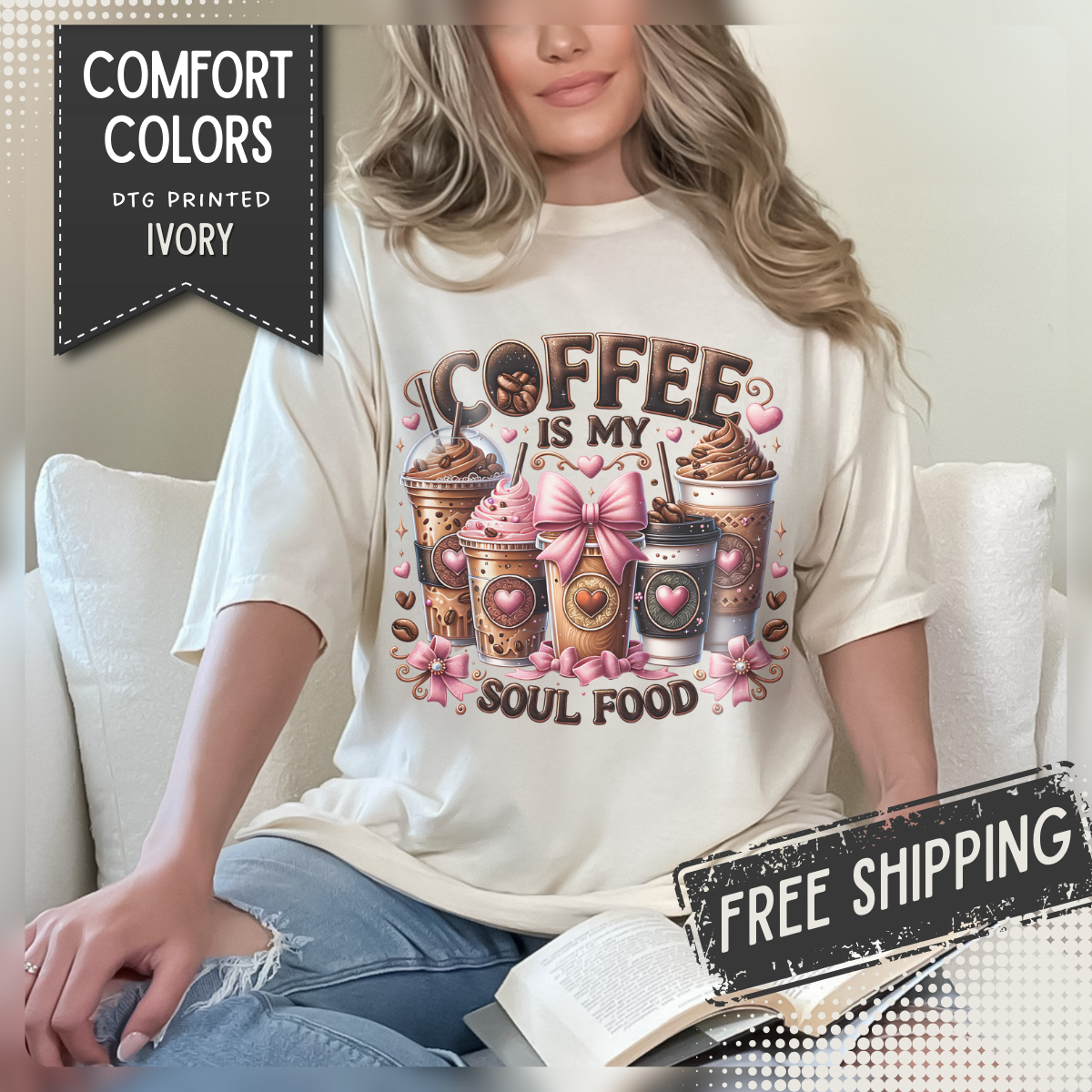 Coffee Is My Soul Food, Iced Coffee, Pink Bow - Comfort Colors | Trendy Women's T-Shirt. Direct to Garment. Printed & Shipped in the USA. Unisex Sizes.