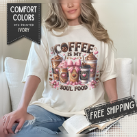 Coffee Is My Soul Food, Iced Coffee, Pink Bow - Comfort Colors | Trendy Women's T-Shirt. Direct to Garment. Printed & Shipped in the USA. Unisex Sizes.