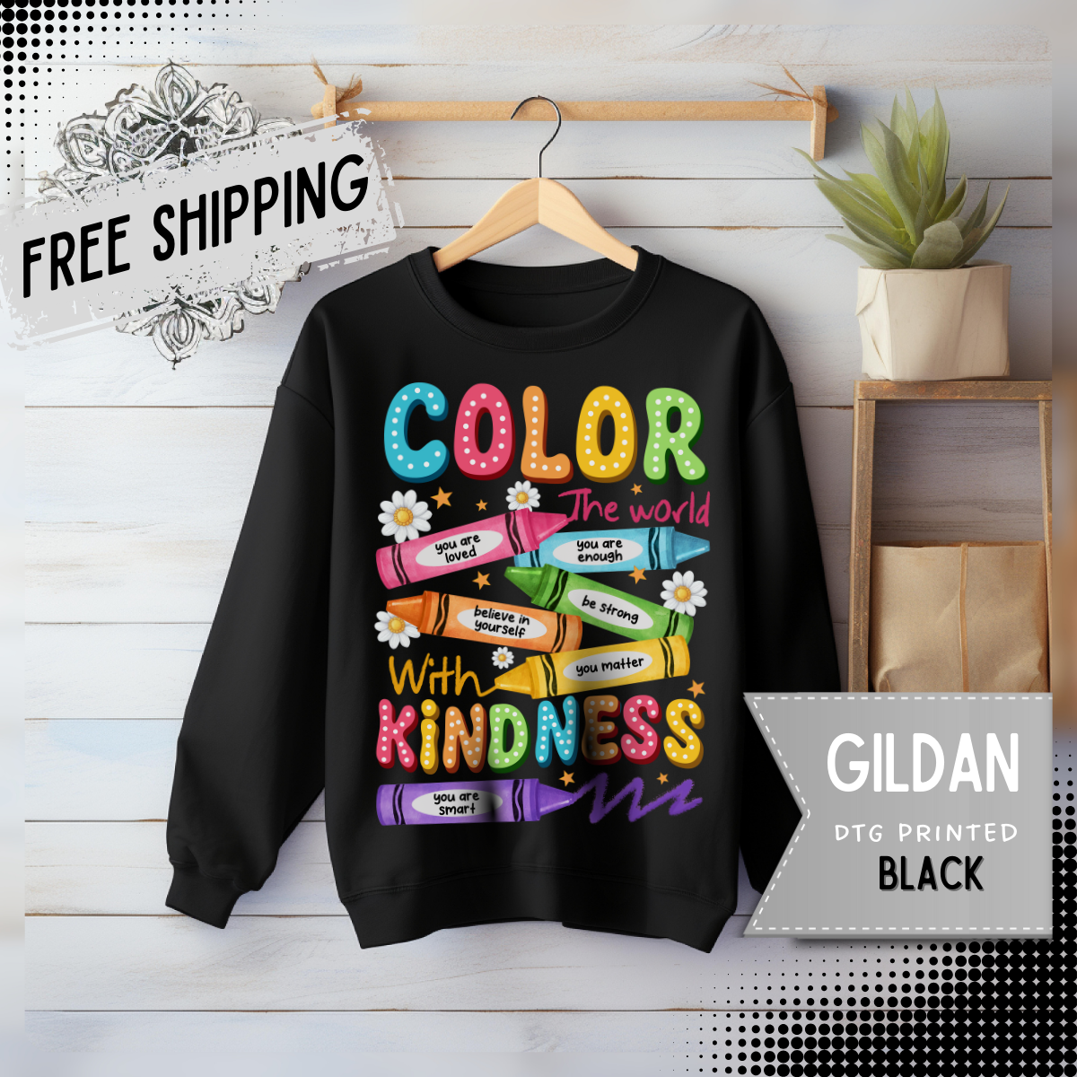 Color the World With Kindness Crayons, Great Teacher Gift – Gildan Heavy Blend | Trendy Women’s and Men's Soft Sweatshirt. Direct to Garment. Printed & Shipped in the USA. Unisex Sizes.