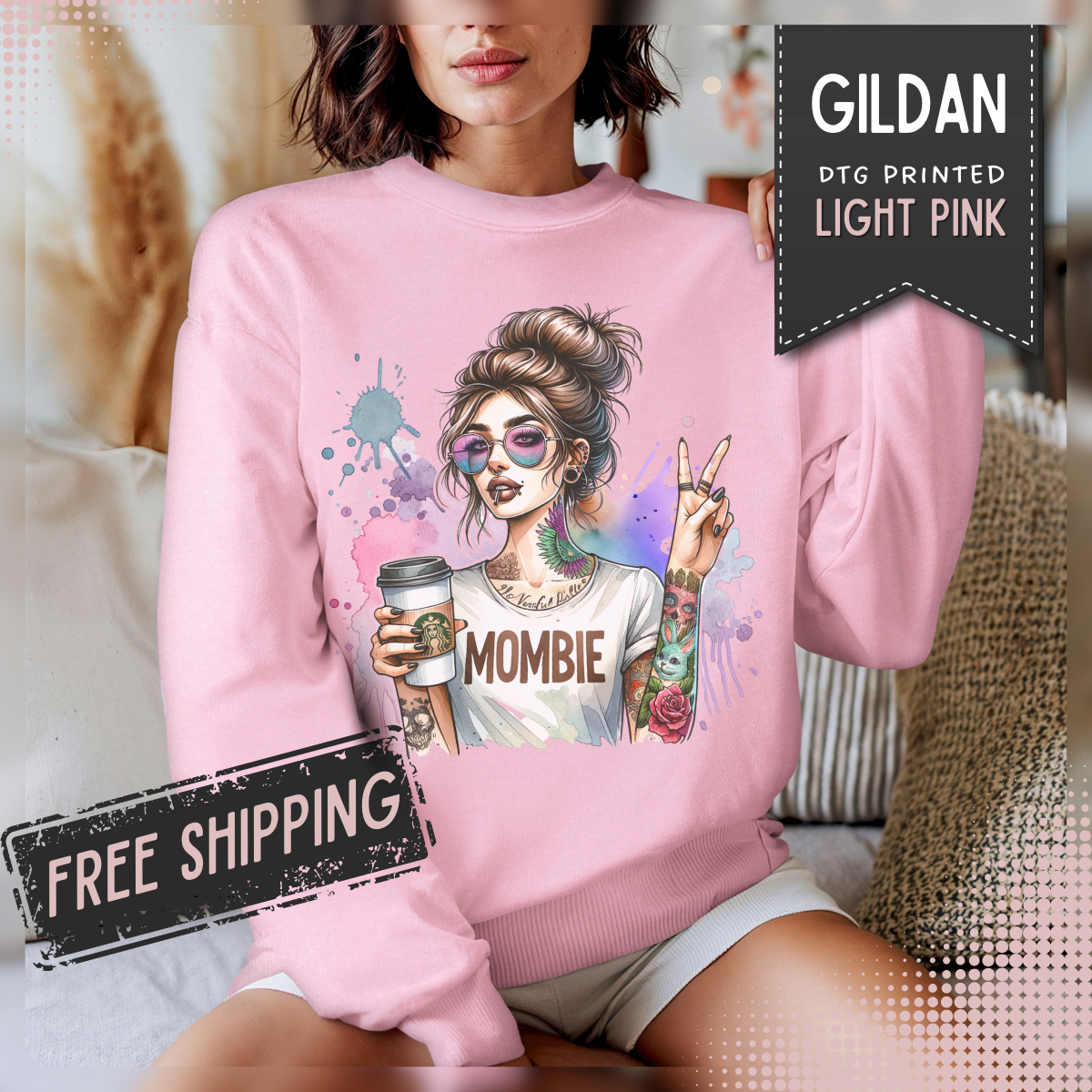 Cool Mombie with Coffee Peace Tattoo - Tired Mom – Gildan Heavy Blend | Trendy Women’s Soft Sweatshirt. Direct to Garment. Printed & Shipped in the USA. Unisex Sizes.