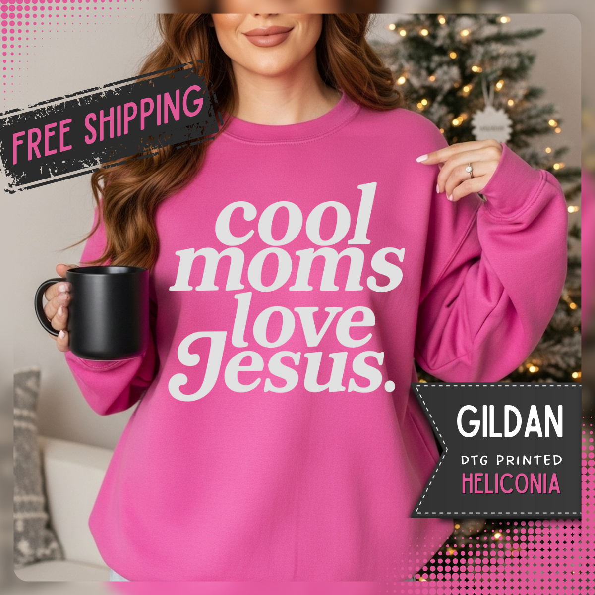 Cool Moms Love Jesus – Gildan Heavy Blend | Trendy Women’s Soft Sweatshirt. Direct to Garment. Printed & Shipped in the USA. Unisex Sizes.