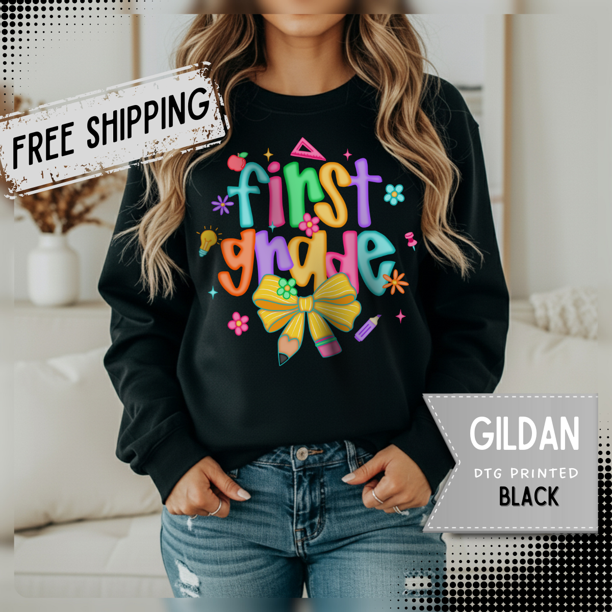 Coquette First Grade Pencil Bow – Gildan Heavy Blend | Trendy Women’s Soft Sweatshirt. Direct to Garment. Printed & Shipped in the USA. Unisex Sizes.