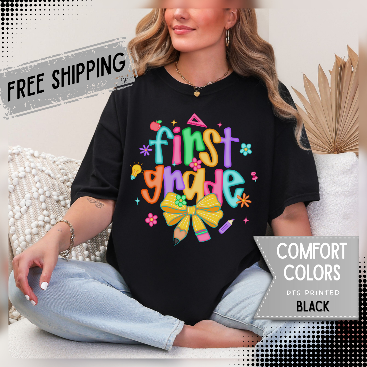 Coquette First Grade Pencil Bow - Comfort Colors | Trendy Women's T-Shirt. Direct to Garment. Printed & Shipped in the USA. Unisex Sizes.