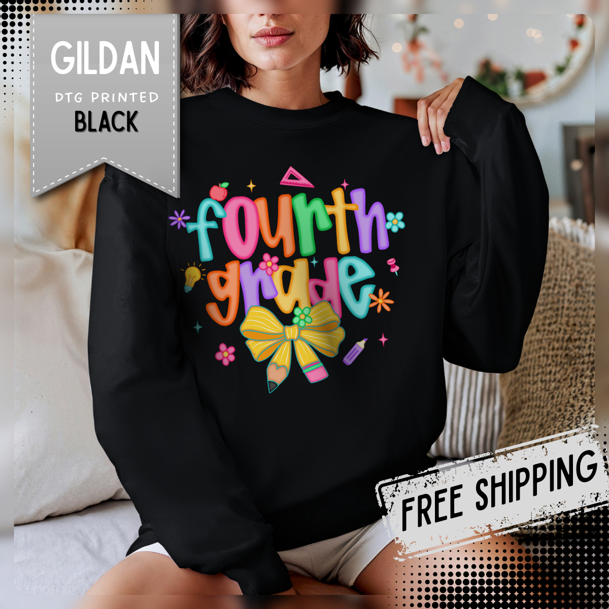 Coquette Fourth Grade Pencil Bow – Gildan Heavy Blend | Trendy Women’s Soft Sweatshirt. Direct to Garment. Printed & Shipped in the USA. Unisex Sizes.