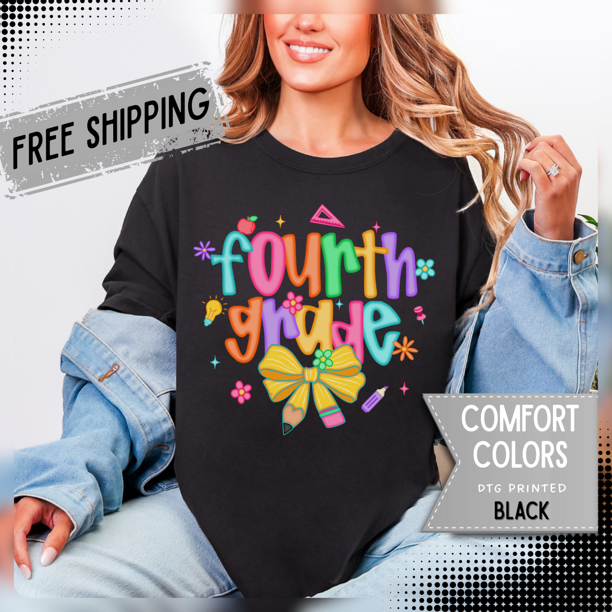 Coquette Fourth Grade Pencil Bow - Comfort Colors | Trendy Women's T-Shirt. Direct to Garment. Printed & Shipped in the USA. Unisex Sizes.