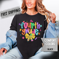 Coquette Fourth Grade Pencil Bow - Comfort Colors | Trendy Women's T-Shirt. Direct to Garment. Printed & Shipped in the USA. Unisex Sizes.
