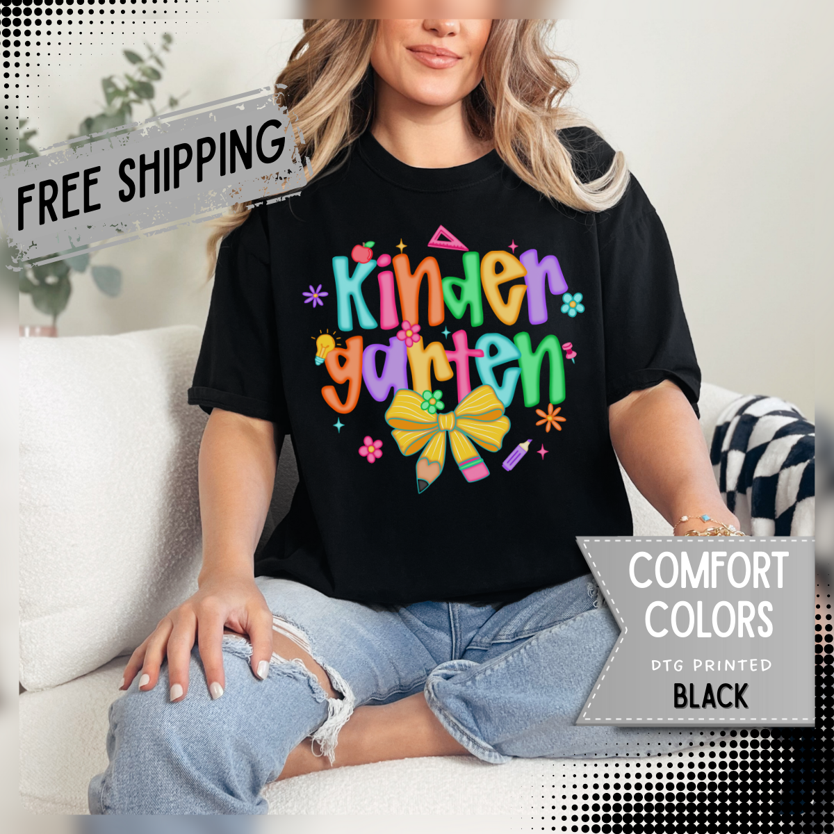 Coquette Kindergarten Pencil Bow - Comfort Colors | Trendy Women's T-Shirt. Direct to Garment. Printed & Shipped in the USA. Unisex Sizes.