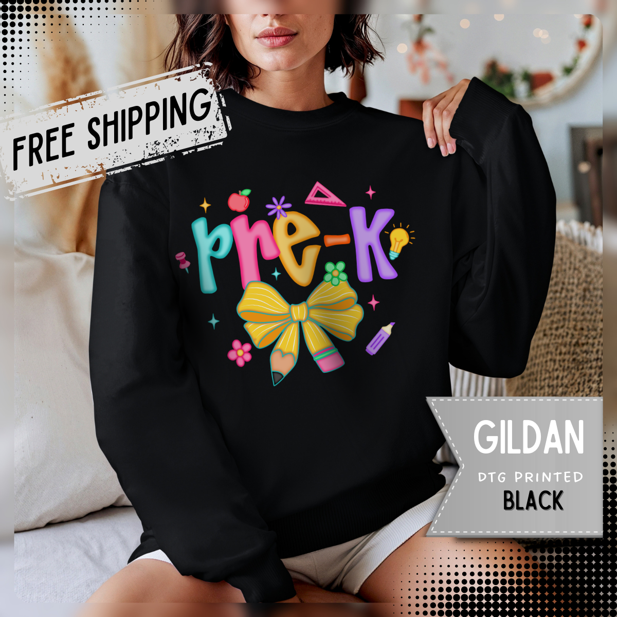 Coquette Pre-K Pencil Bow – Gildan Heavy Blend | Trendy Women’s Soft Sweatshirt. Direct to Garment. Printed & Shipped in the USA. Unisex Sizes.