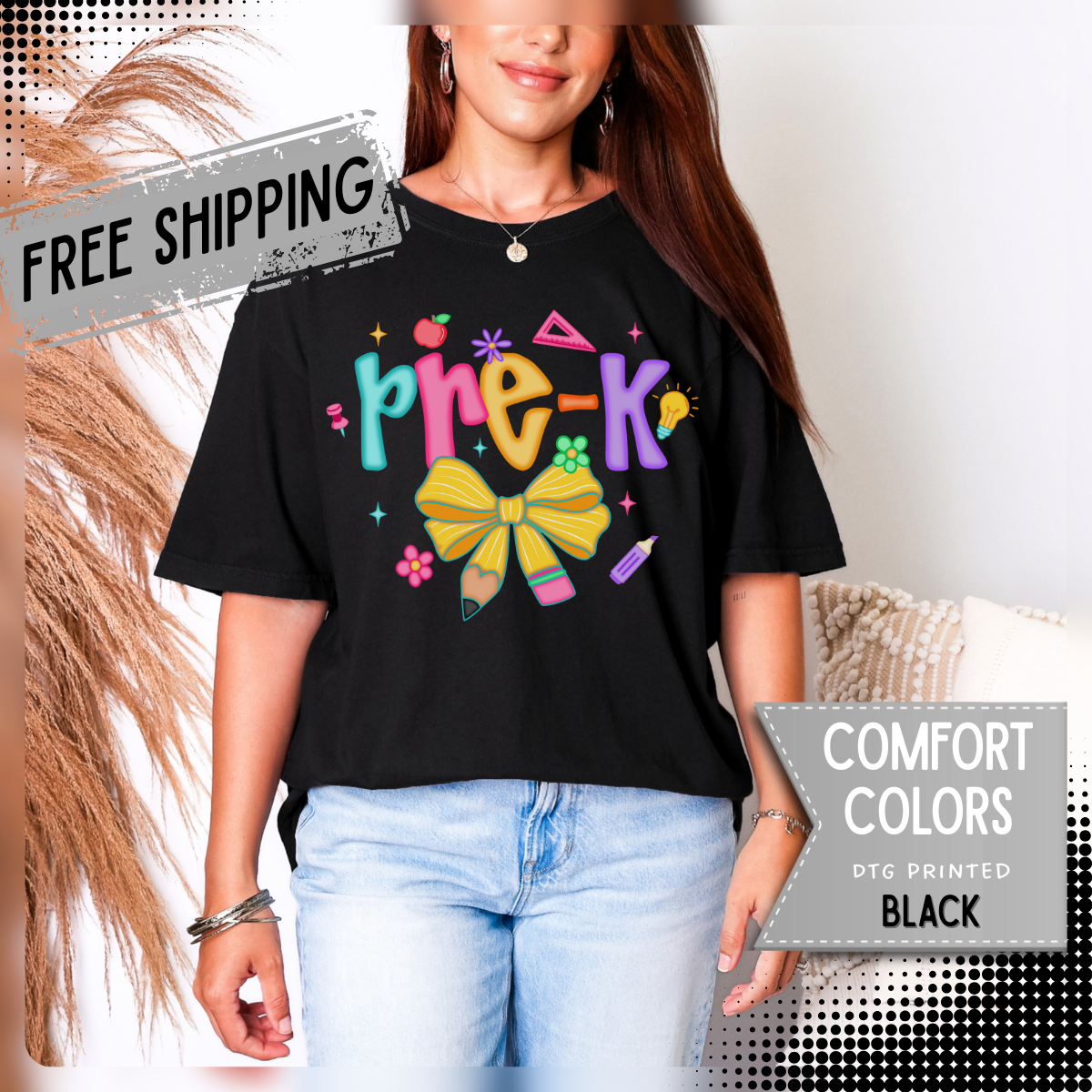 Coquette Pre-K Pencil Bow - Comfort Colors | Trendy Women's T-Shirt. Direct to Garment. Printed & Shipped in the USA. Unisex Sizes.