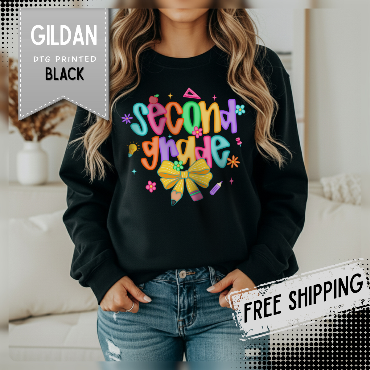 Coquette Second Grade Pencil Bow – Gildan Heavy Blend | Trendy Women’s Soft Sweatshirt. Direct to Garment. Printed & Shipped in the USA. Unisex Sizes.