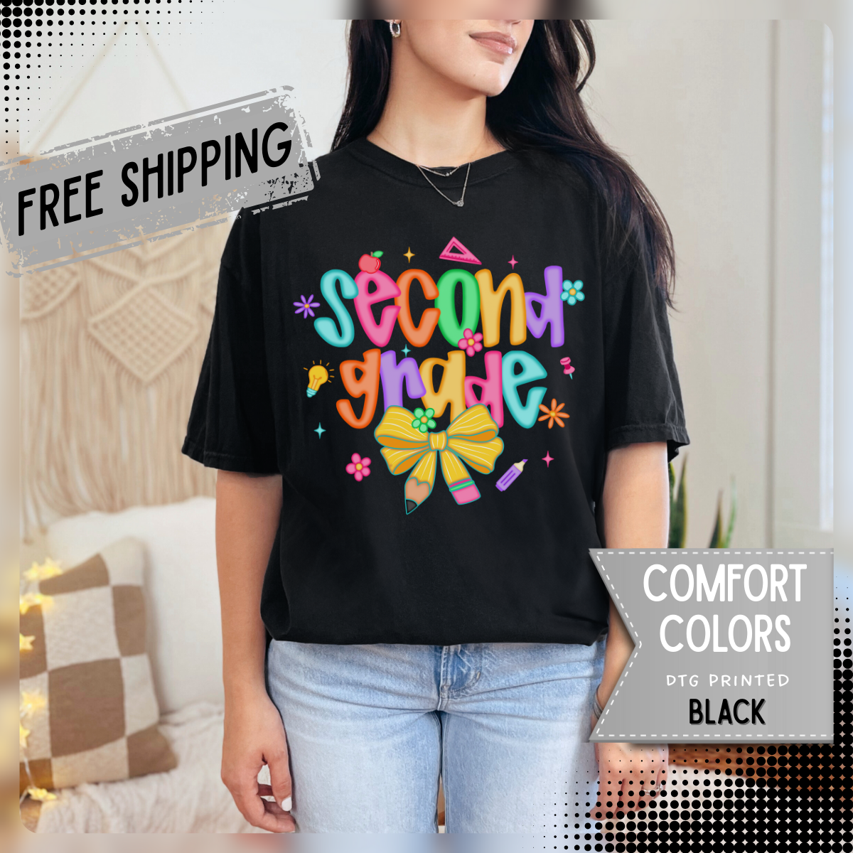 Coquette Second Grade Pencil Bow - Comfort Colors | Trendy Women's T-Shirt. Direct to Garment. Printed & Shipped in the USA. Unisex Sizes.