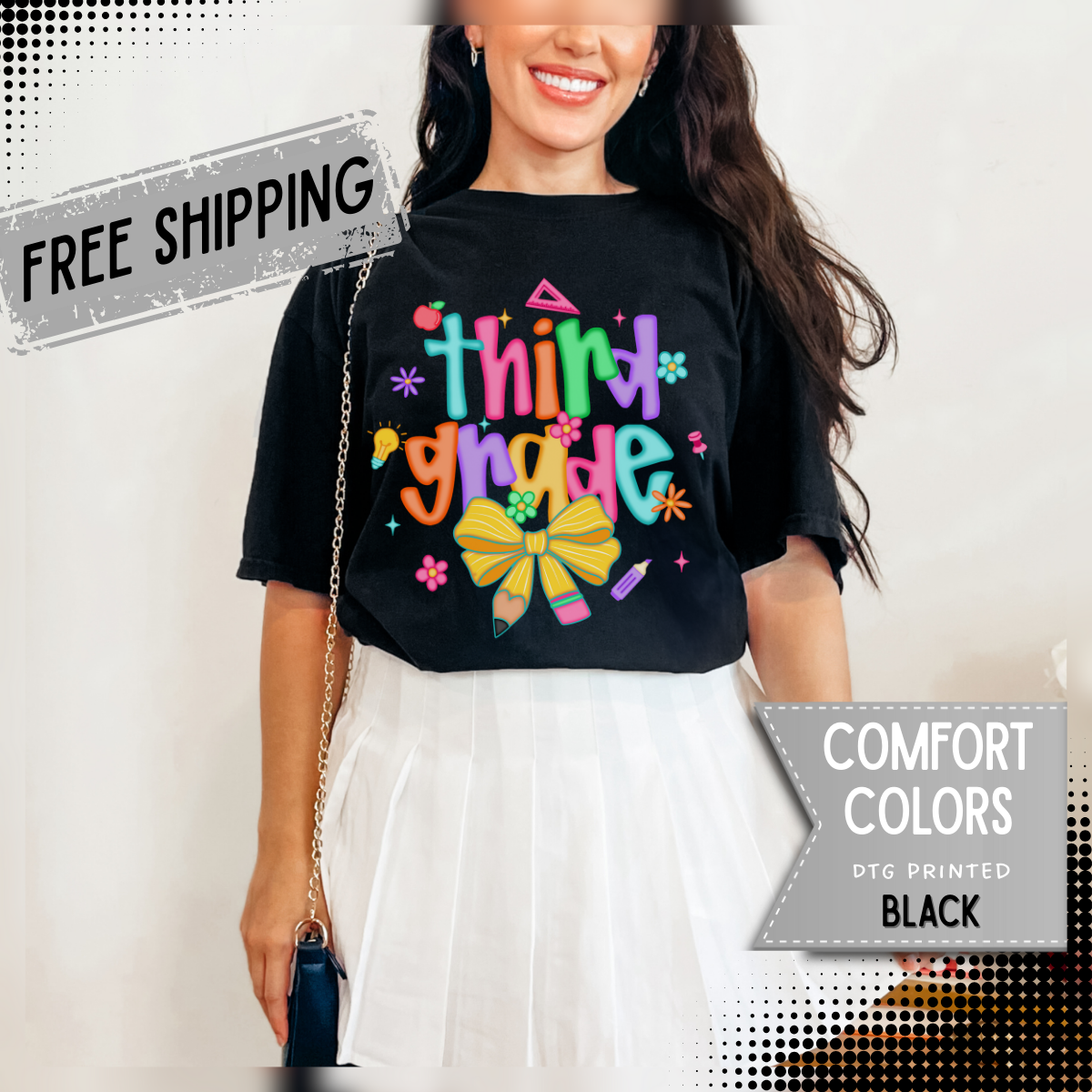 Coquette Third Grade Pencil Bow - Comfort Colors | Trendy Women's T-Shirt. Direct to Garment. Printed & Shipped in the USA. Unisex Sizes.
