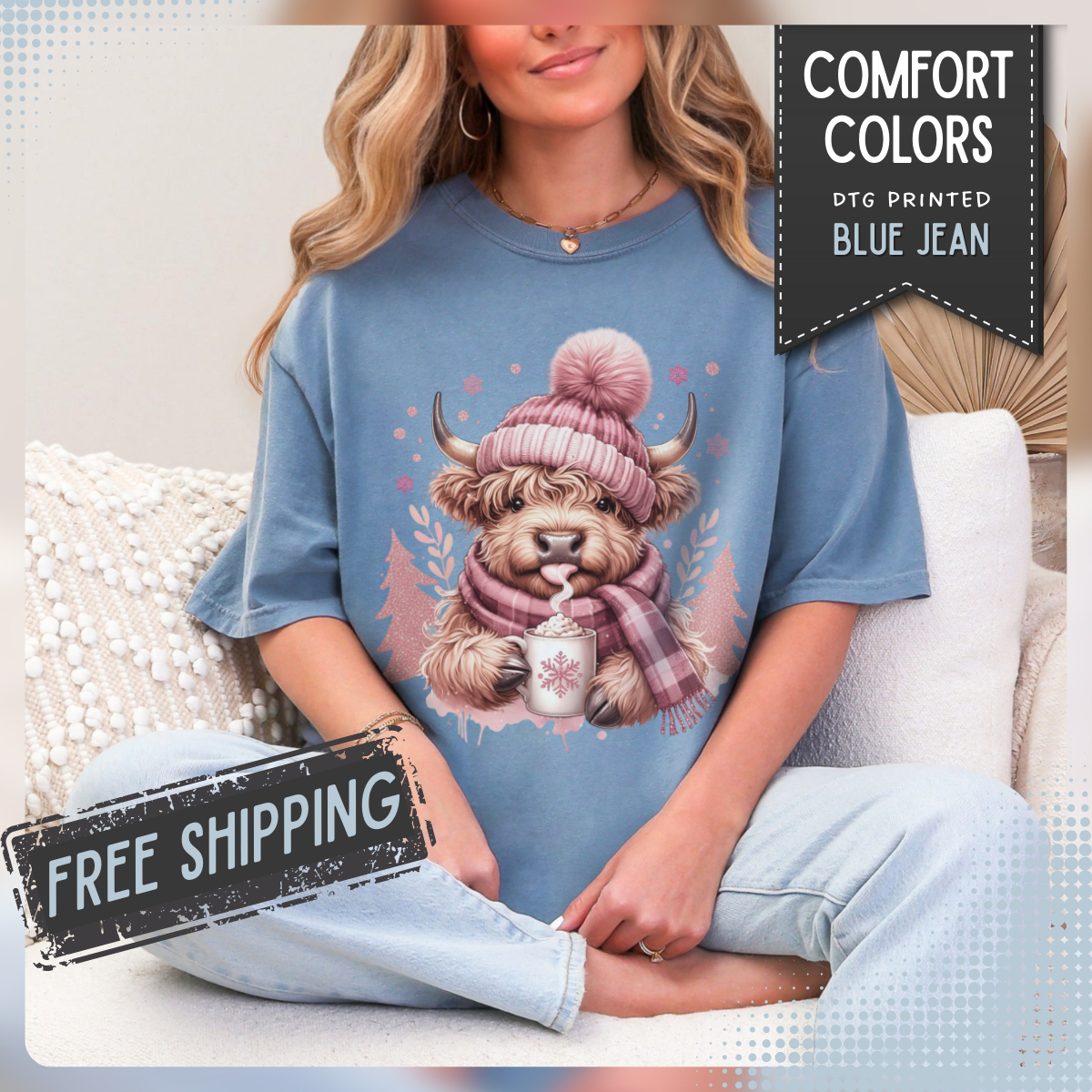 Cozy Highland Cow, Winter Coffee Mug & Scarf - Comfort Colors | Trendy Women's T-Shirt. Direct to Garment. Printed & Shipped in the USA. Unisex Sizes.