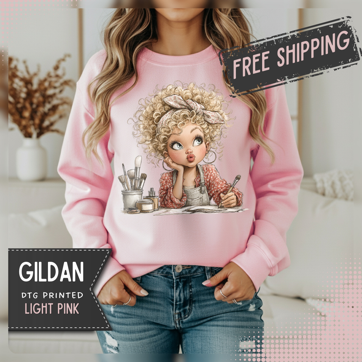 Cute Artist Curly Girl – Gildan Heavy Blend | Trendy Women’s Soft Sweatshirt. Direct to Garment. Printed & Shipped in the USA. Unisex Sizes.