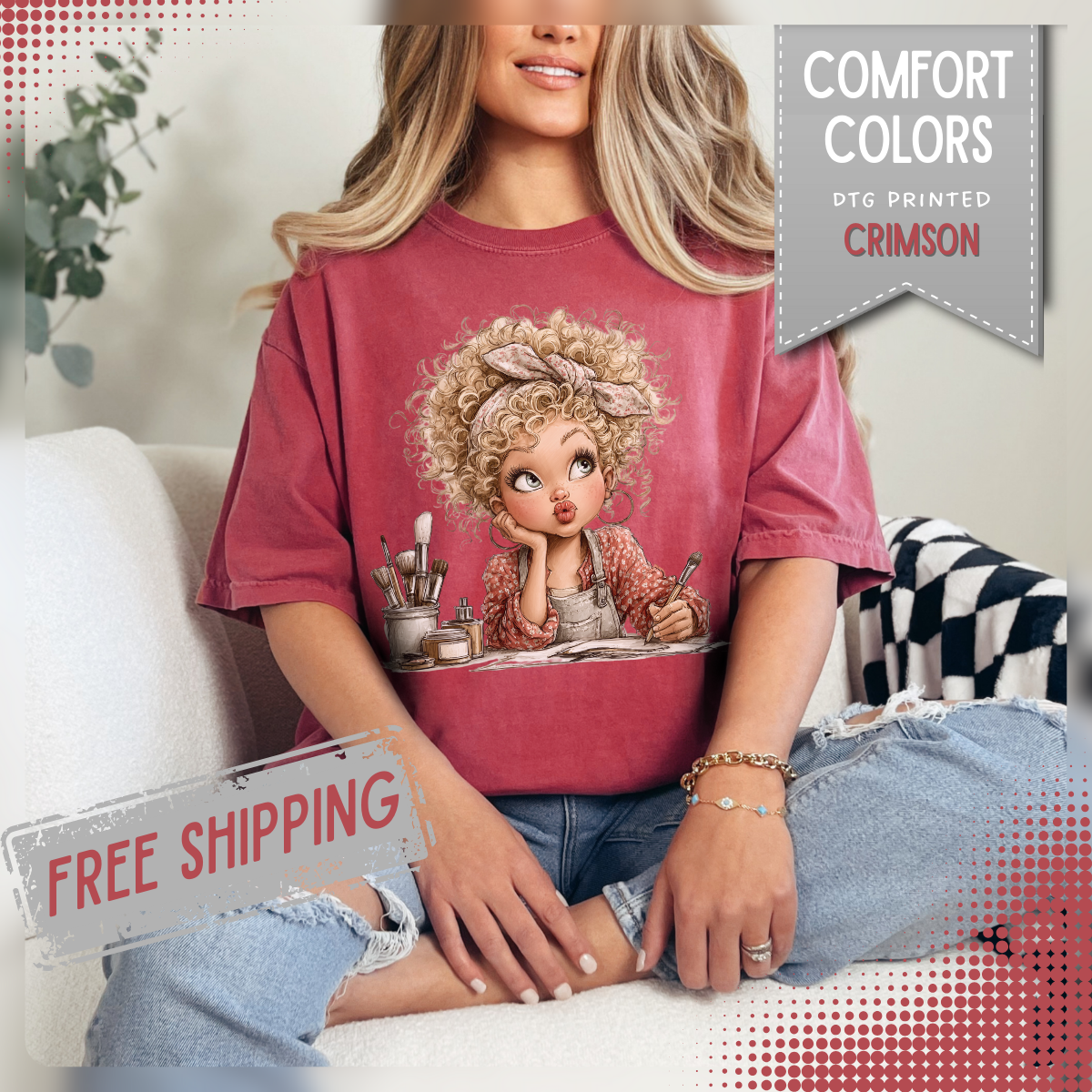 Cute Artist Curly Girl - Comfort Colors | Trendy Women's T-Shirt. Direct to Garment. Printed & Shipped in the USA. Unisex Sizes.
